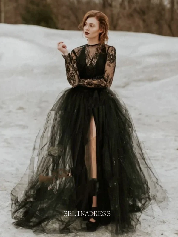 A-line Long Sleeve Black Wedding Dress Gothic Lace Wedding Dress Boho