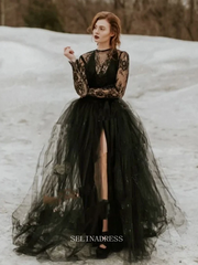 A-line Long Sleeve Black Wedding Dress Gothic Lace Wedding Dress Boho Dress Tulle Bridal Gown Side Slit Black Wedding Gown GRSD003