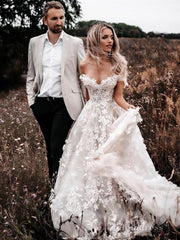 A-line Off-the-shoulder 3D Lace Wedding Dresses Rustic Wedding Gowns MHL138|Selinadress