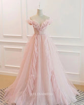 A-line Off-the-shoulder Blush Pink Long Prom Dress Ruffled Formal Dresses Evening Dress KPY064|Selinadress
