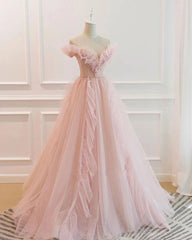 A-line Off-the-shoulder Blush Pink Long Prom Dress Ruffled Formal Dresses Evening Dress KPY064|Selinadress