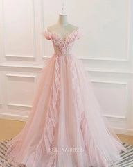 A-line Off-the-shoulder Blush Pink Long Prom Dress Ruffled Formal Dresses Evening Dress KPY064|Selinadress