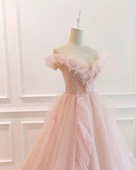 A-line Off-the-shoulder Blush Pink Long Prom Dress Ruffled Formal Dresses Evening Dress KPY064|Selinadress