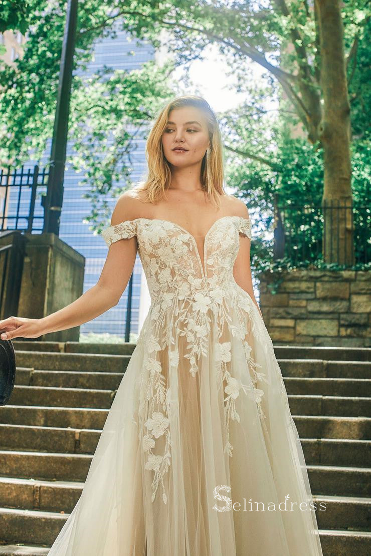 A-line V neck Lace Applique Wedding Dress Rustic Country Wedding Dress –  SELINADRESS