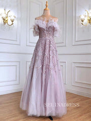 A-line Off-the-shoulder Gray Sparkly Prom Dress luxury Evening Formal Gown hlks007