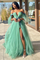 A-Line Off-the-Shoulder Green Tulle 3D Floral Lace Long Prom Dress JKW124|Selinadress