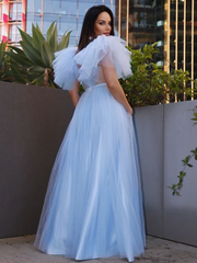 A-line Off The Shoulder Light Sky Blue Long Prom Dress See Through Tulle Evening Gowns #POL024|Selinadress