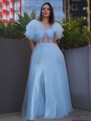 A-line Off The Shoulder Light Sky Blue Long Prom Dress See Through Tulle Evening Gowns #POL024|Selinadress