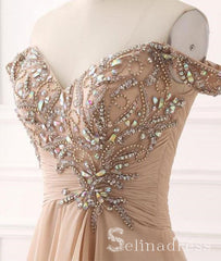 A-line Off-the-shoulder Long Prom Dress Vintage Beaded Formal Dress Ruffles Evening Dress SED032