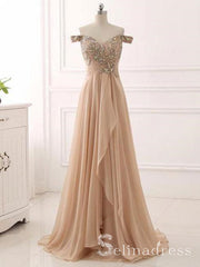 A-line Off-the-shoulder Long Prom Dress Vintage Beaded Formal Dress Ruffles Evening Dress SED032
