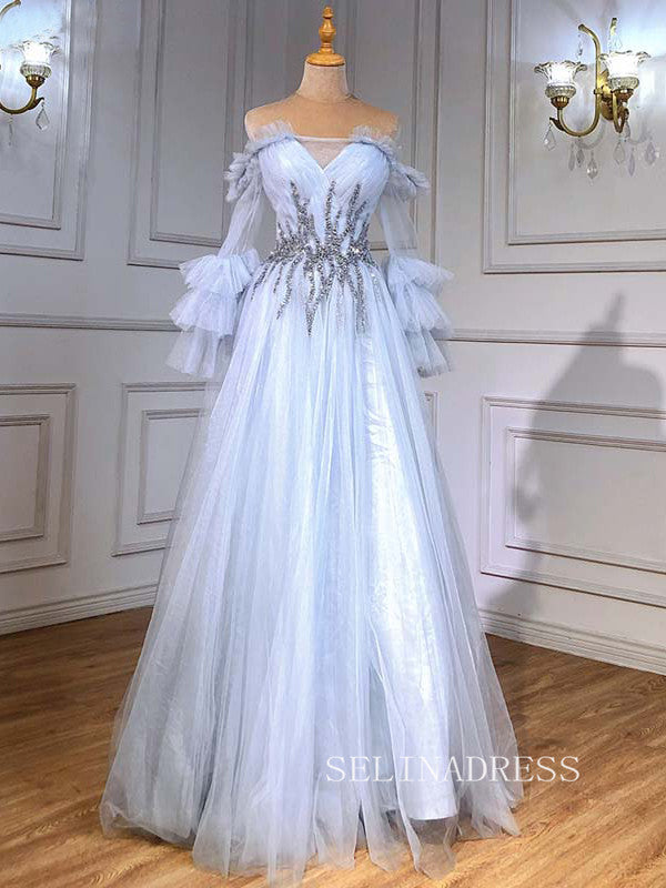 A-line Off-the-shoulder Long Sleeve Beaded Prom Dress Evening Formal Gown hlks014|Selinadress