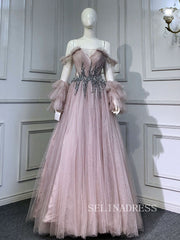 A-line Off-the-shoulder Long Sleeve Beaded Prom Dress Evening Formal Gown hlks014|Selinadress