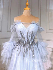 A-line Off-the-shoulder Long Sleeve Beaded Prom Dress Evening Formal Gown hlks014|Selinadress