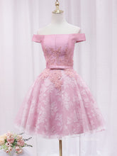 A-line Off-the-shoulder Pink Cute Homecoming Dress Lace Short Prom Dresses EDS023|Selinadress