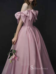 A-line Off-the-shoulder Pink Long Prom Dress Cheap Satin Evening Dresses GKF029|Selinadress