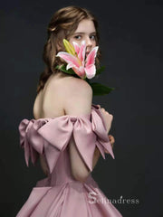 A-line Off-the-shoulder Pink Long Prom Dress Cheap Satin Evening Dresses GKF029|Selinadress