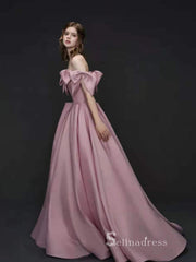 A-line Off-the-shoulder Pink Long Prom Dress Cheap Satin Evening Dresses GKF029|Selinadress