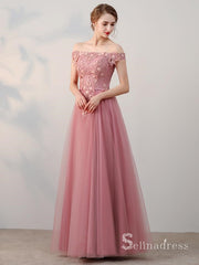 A-line Off-the-shoulder Pink Vintage Long Prom Dresses Applique Long Formal Gowns SED010