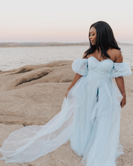 A-line Off-the-shoulder Puff Sleeve Photography Costumes Light Sky Blue Long Prom Dress Formal Dress JKSS503|Selinadress