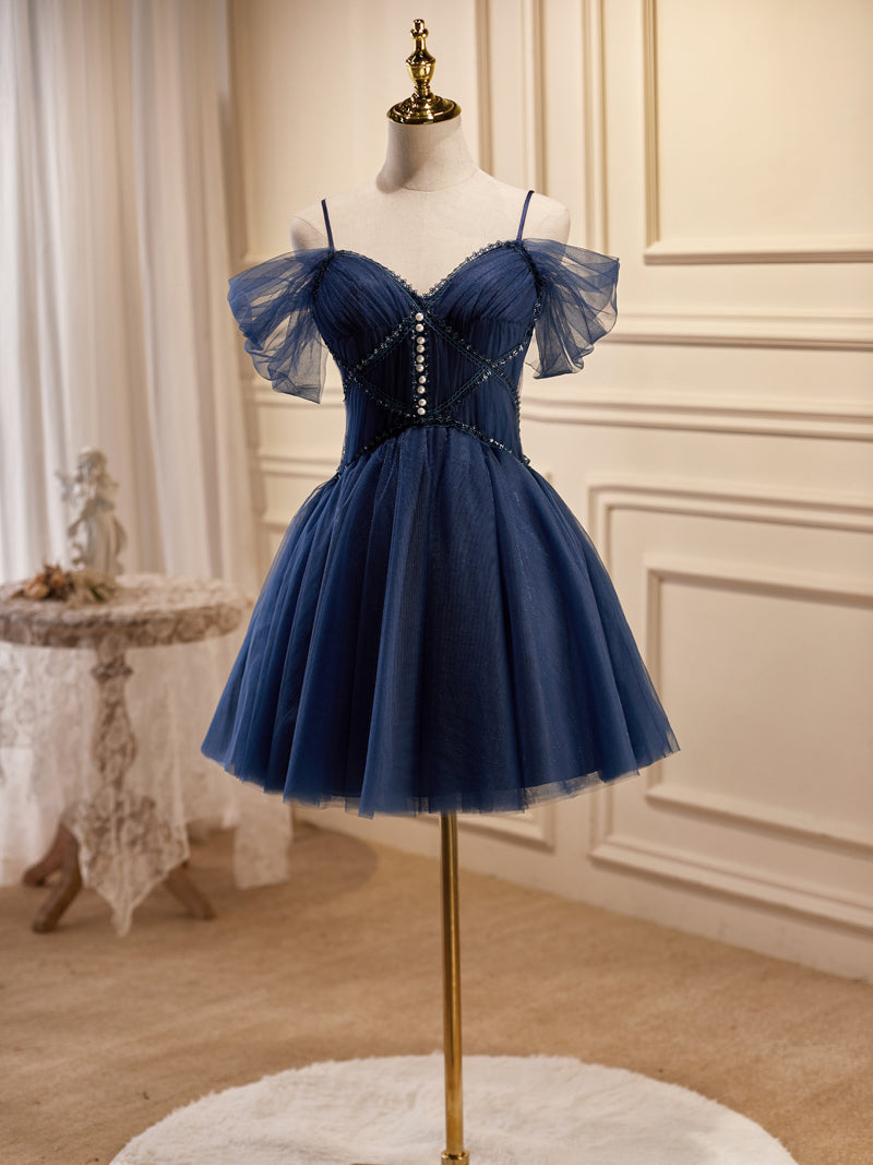 A-line Off-the-shoulder Short Prom Dress Dark Navy Homecoming Dress Cocktail Dresses lop257|Selinadress