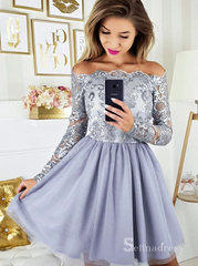 A-line Off-the-shoulder Short Prom Dress Long Sleeve Beautiful Homecoming Dresses MHL044|Selinadress