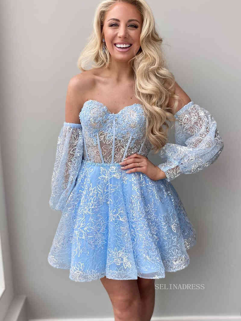 A-line Off-the-shoulder Sparkly Cute Homecoming Dress Short Prom Dress – SELINADRESS