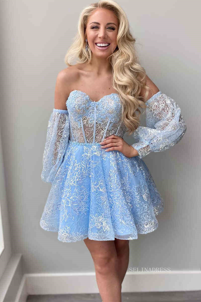 A-line Off-the-shoulder Sparkly Cute Homecoming Dress Short Prom Dress –  SELINADRESS