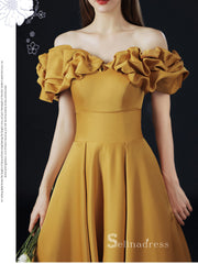 A-line Off-the-shoulder Yellow Long Prom Dress Simple Satin Evening Dresses GKF016|Selinadress
