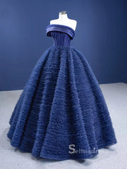 A-line One Shoulder Long Prom Dress Blue luxury Evening Gowns GRB289|Selinadress