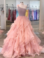 A-line One Shoulder Peach Beaded Flouncing Long Prom Dresses Formal Gowns SDL011