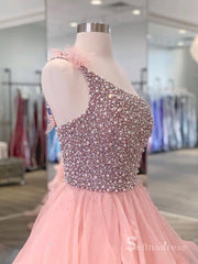 A-line One Shoulder Peach Beaded Flouncing Long Prom Dresses Formal Gowns SDL011