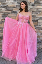 A-line Pink Floral Lace Sweetheart Lace-up Back Shiny Prom Gown #QWE007|Selinadress