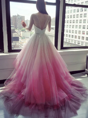 A-line Scoop Beautiful Long Sleeve Wedding Dresses Ombre Pink Bridal Dresses JKW215|Selinadress