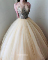 A-line Scoop Champagne Long Prom Dress Applique Beautiful Princess Dress Evening Dress #POL127|Selinadress