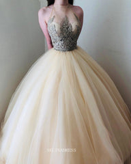 A-line Scoop Champagne Long Prom Dress Applique Beautiful Princess Dress Evening Dress #POL127|Selinadress