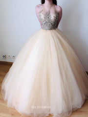 A-line Scoop Champagne Long Prom Dress Applique Beautiful Princess Dress Evening Dress #POL127|Selinadress