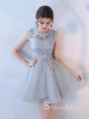 A-line Scoop Gray Lace Short Prom Dress Cute Homecoming Dresses #MHL129|Selinadress