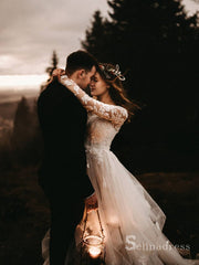 A-line Scoop Long Sleeve Applique Lace Wedding Dresses Rustic Wedding Gowns CBD091|Selinadress