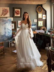 A Line Scoop Long Sleeve Wedding Dresses Tulle Beach Wedding Dresses GRDK001|Selinadress