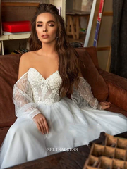 A Line Scoop Long Sleeve Wedding Dresses Tulle Beach Wedding Dresses GRDK001|Selinadress