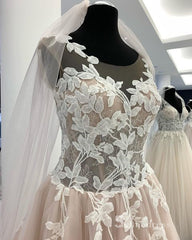 A-line Scoop See Through Rustic Wedding Dress Champagne Appliqued Wedding Gown RYU013|Selinadress