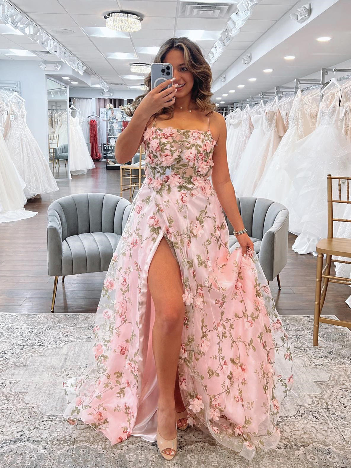 A-line Spaghetti Straps 3D Floral Lace Pink Prom Dress Long Evening Dresses #JKSS11|Selinadress
