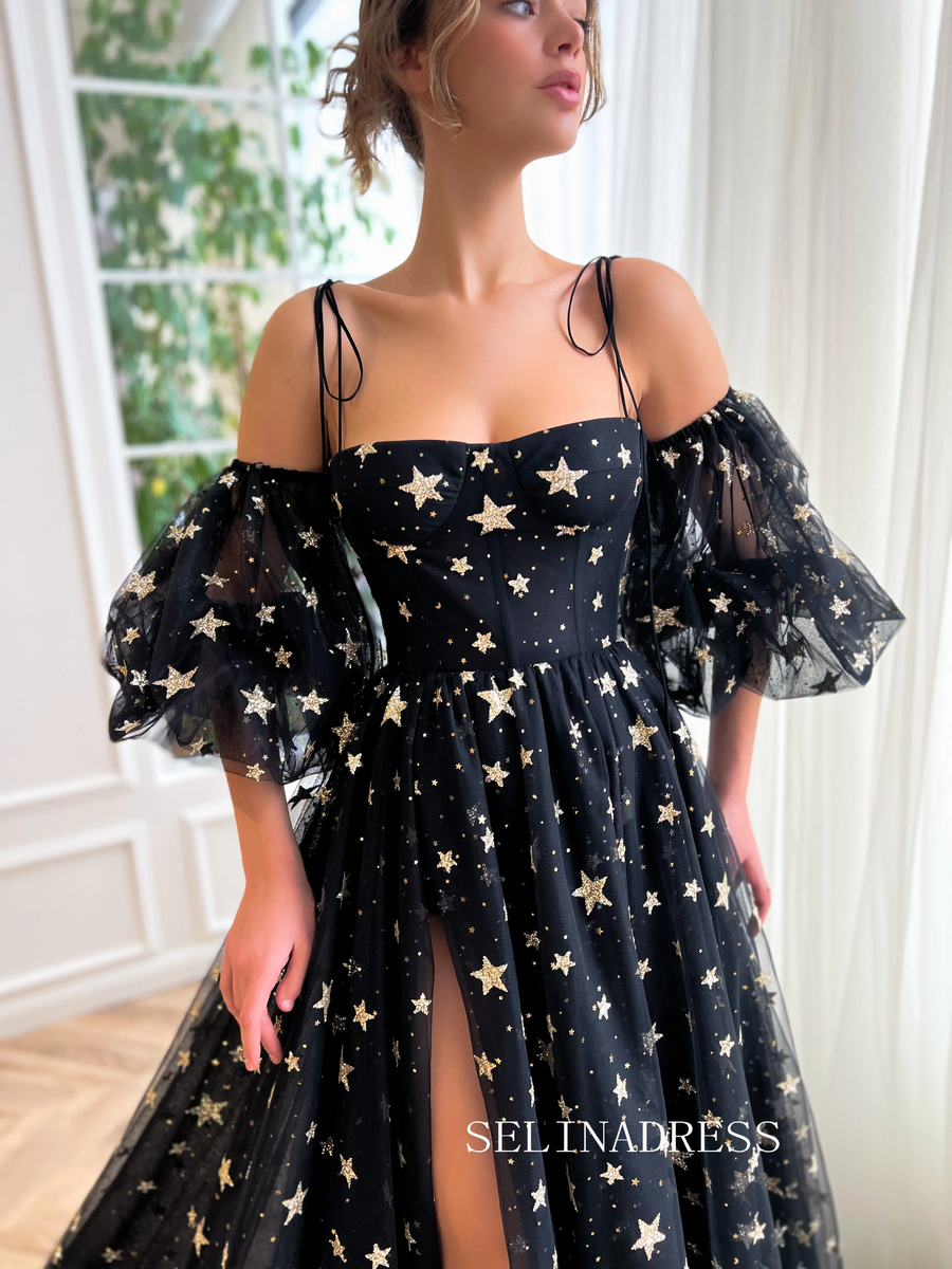 A-line Spaghetti Straps Black Prom Dresses Long Evening Dress