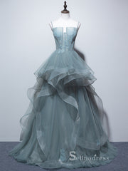 A-line Spaghetti Straps Blue Long Prom Dress Cheap Tulle Evening Dresses GKF023|Selinadress