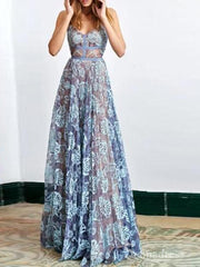 A-line Spaghetti Straps Blue Long Prom Dresses Lace Evening Gowns CBD467|Selinadress