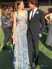 A-line Spaghetti Straps Blue Long Prom Dresses Lace Evening Gowns CBD467|Selinadress