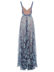 A-line Spaghetti Straps Blue Long Prom Dresses Lace Evening Gowns CBD467|Selinadress