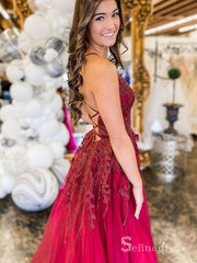 A-line Spaghetti Straps Burgundy Long Prom Dresses Lace Evening Gowns CBD580|Selinadress