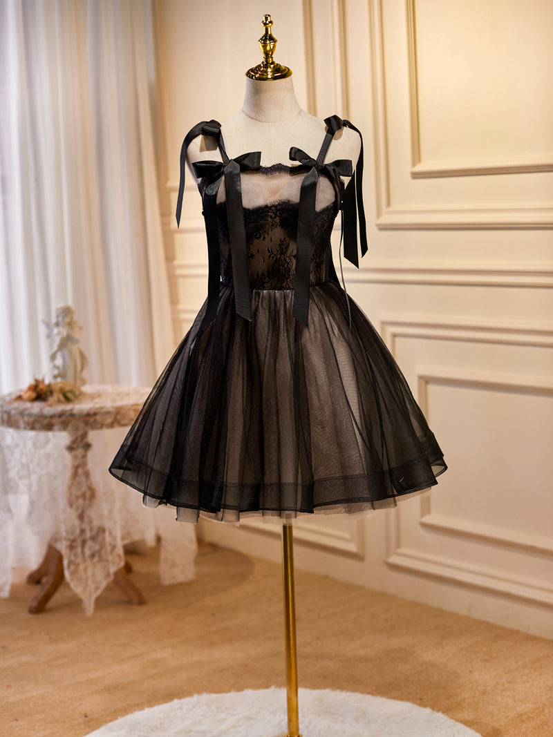 Short Mini Lace Spaghetti Straps Black Prom Dress