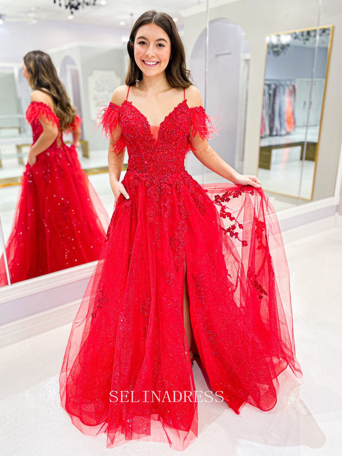 A-line Spaghetti Straps Feather Elegant Long Prom Dress Red Lace Party Dress #LOP005|Selinadress